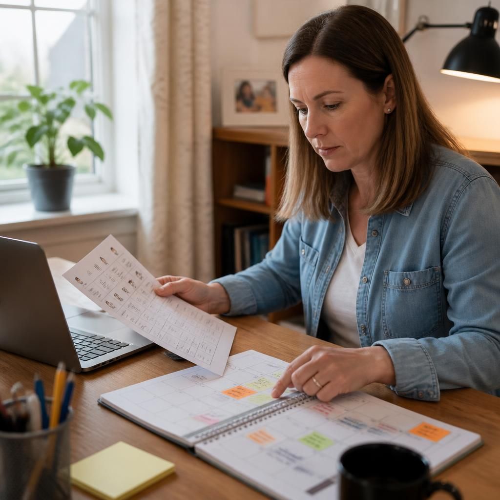 Foster carer reviewing a child’s weekly routine alongside a work calendar