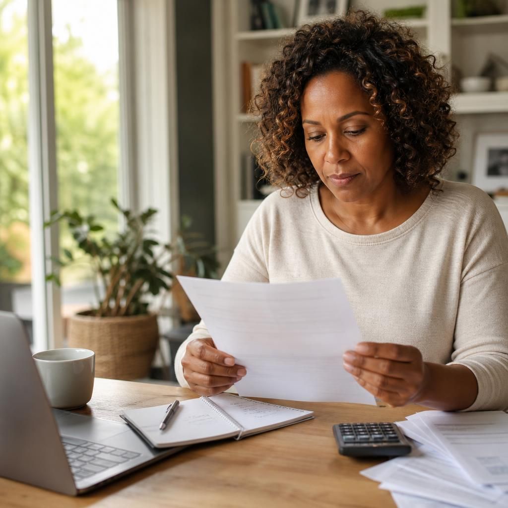 Foster carer reviewing pension documents and financial notes at a table