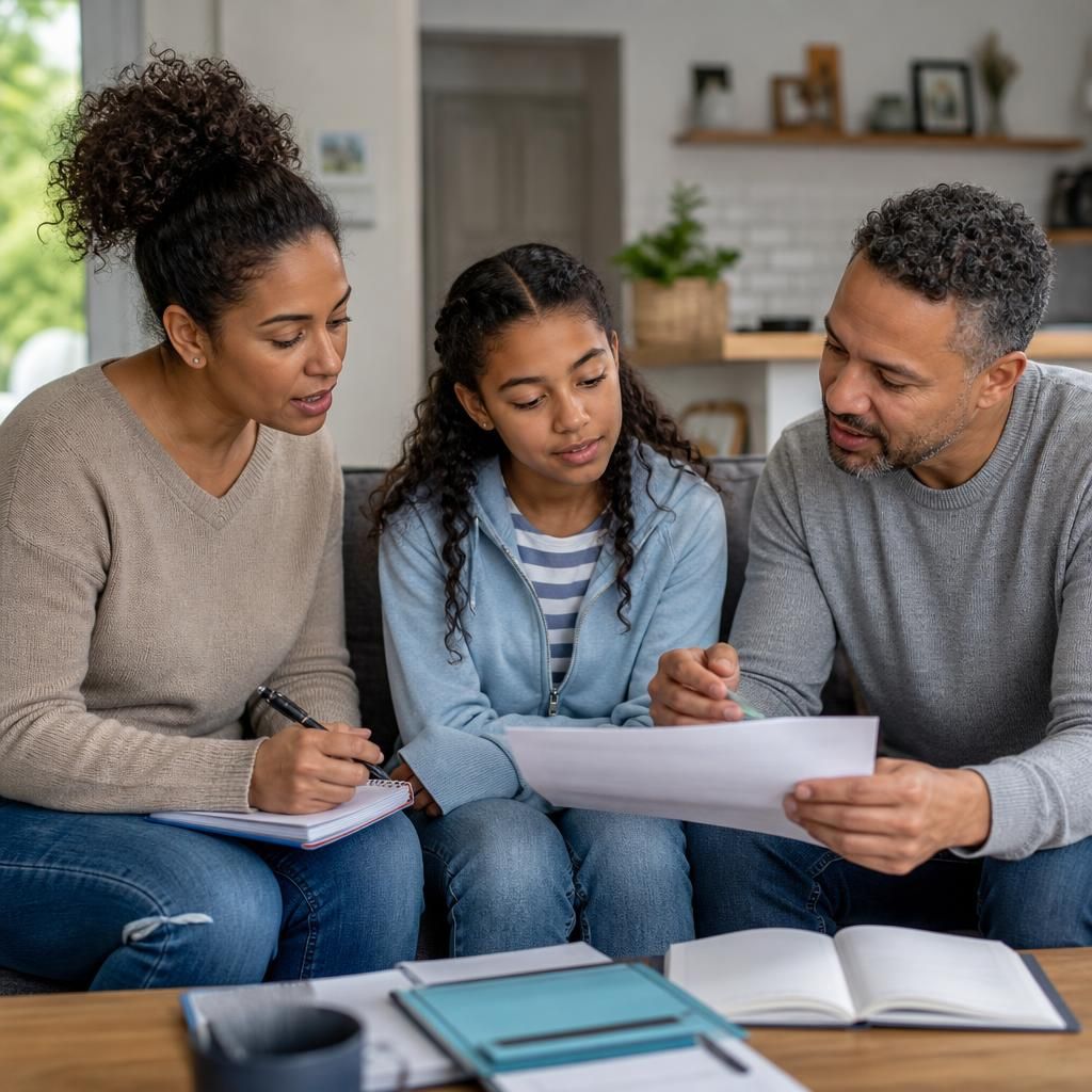 Foster carers reviewing notes and guidance during a family discussion