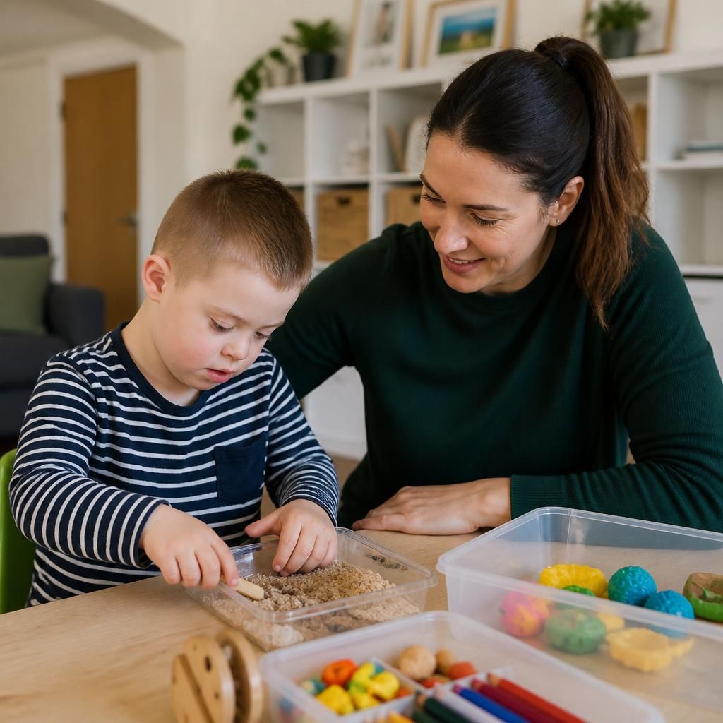 Single parent supporting a child during a sensory activity at home
