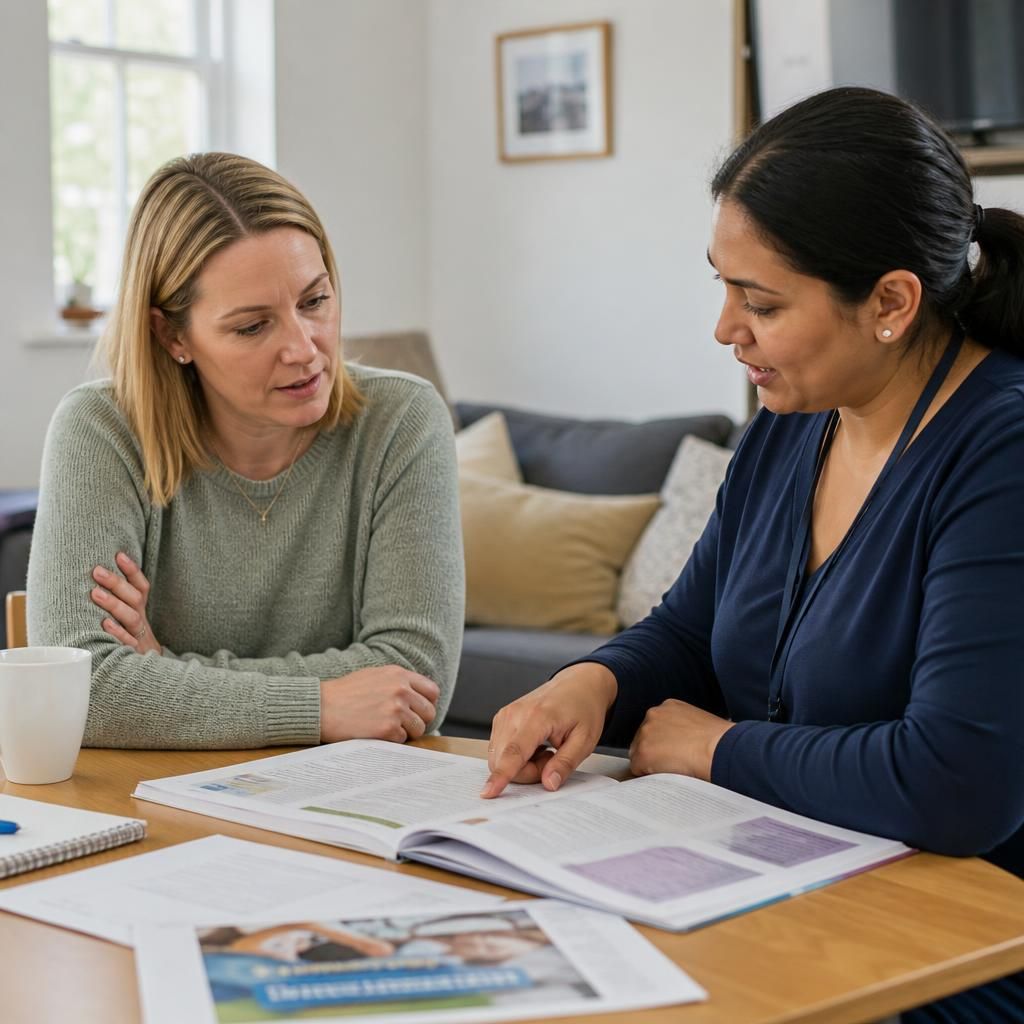 Foster carer discussing training materials with a supervising social worker
