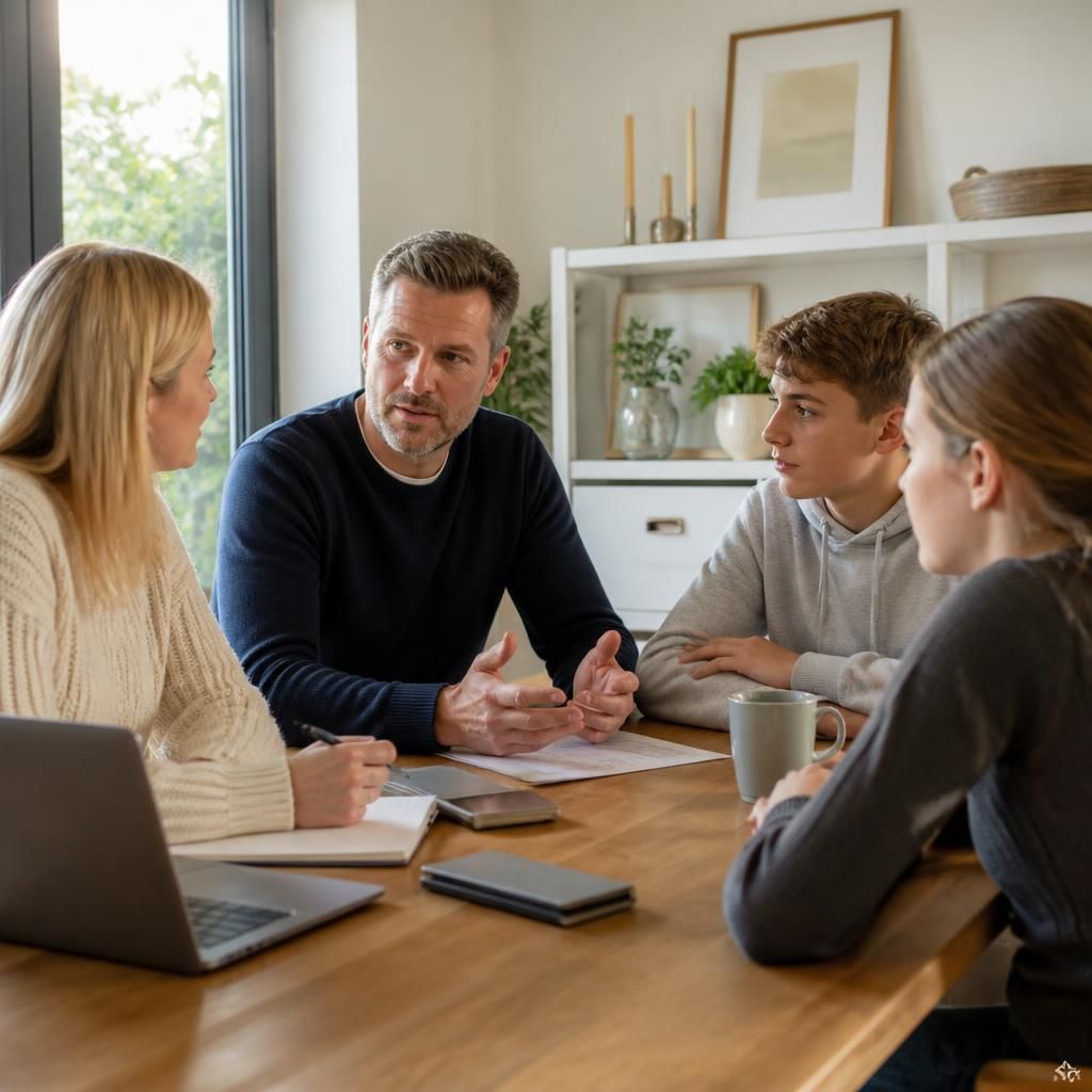 Family members discussing plans around a dining table