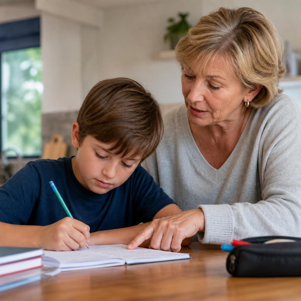 Kinship carer helping a child with homework at home