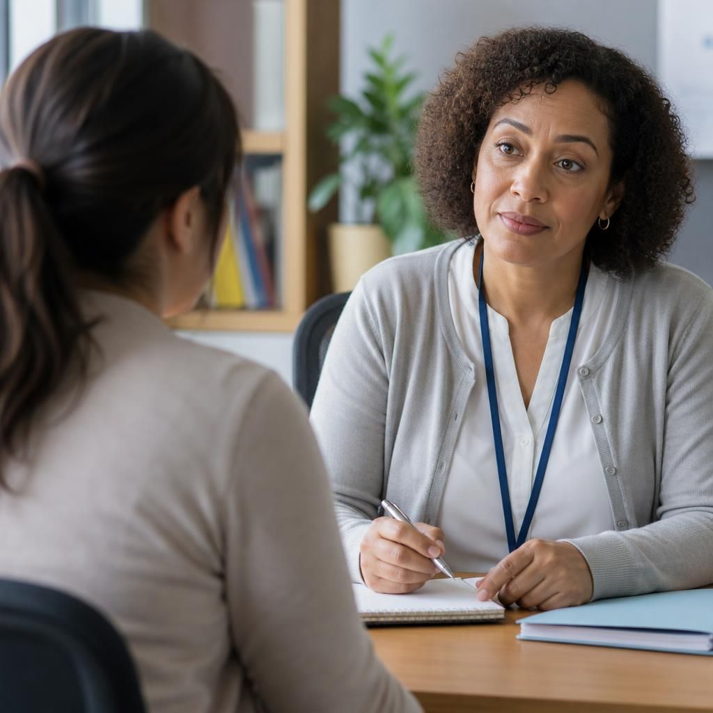 Parent speaking with a council social worker about a child’s living arrangements