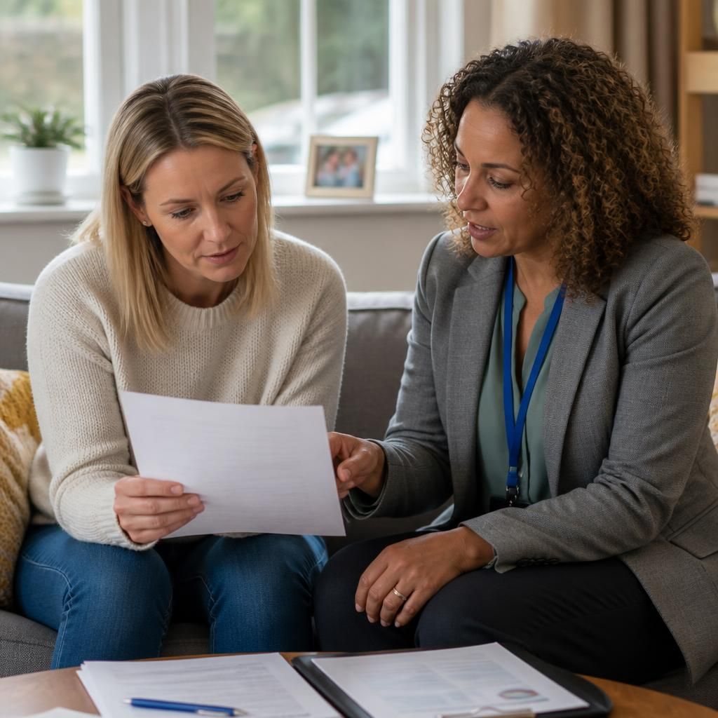 Foster carer reviewing a respite placement plan with a social worker