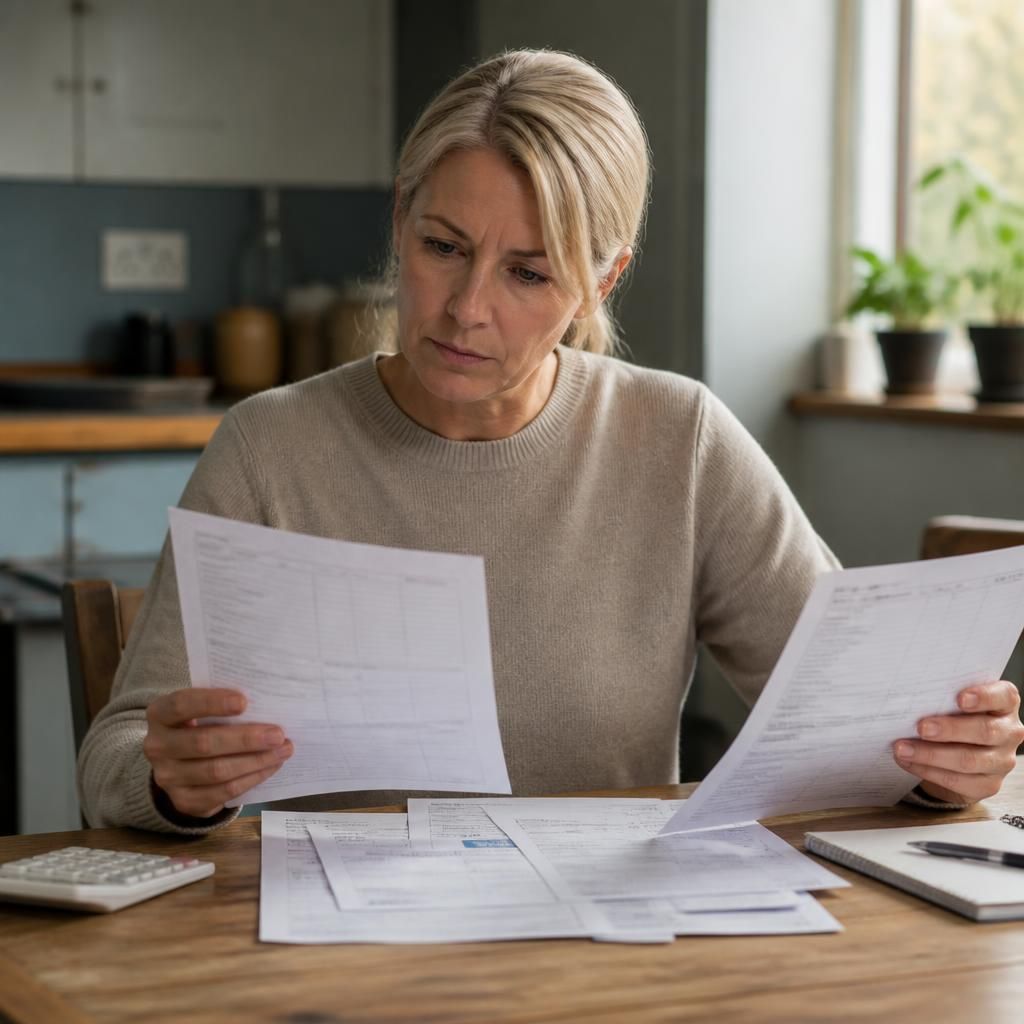 Foster carer reviewing a council tax bill and appeal paperwork at a table