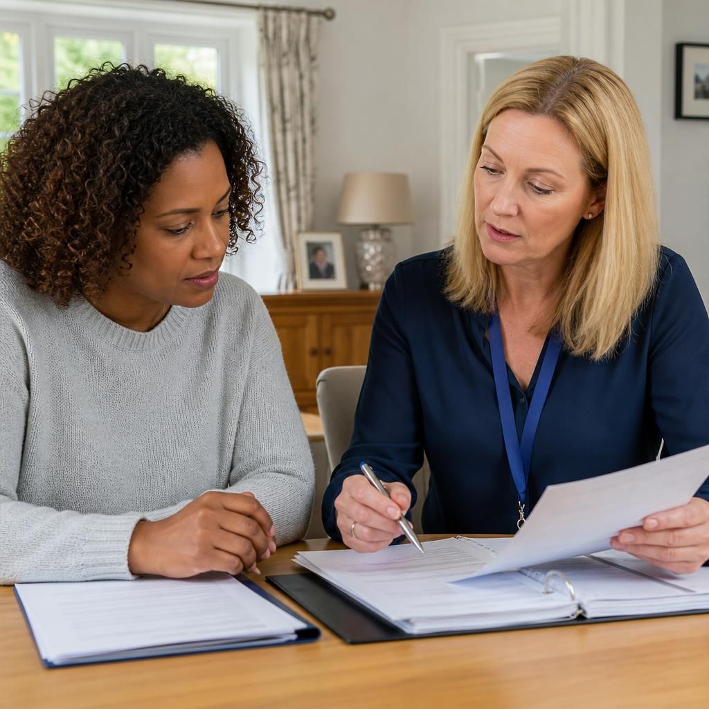 Foster carer reviewing agency information with a social worker