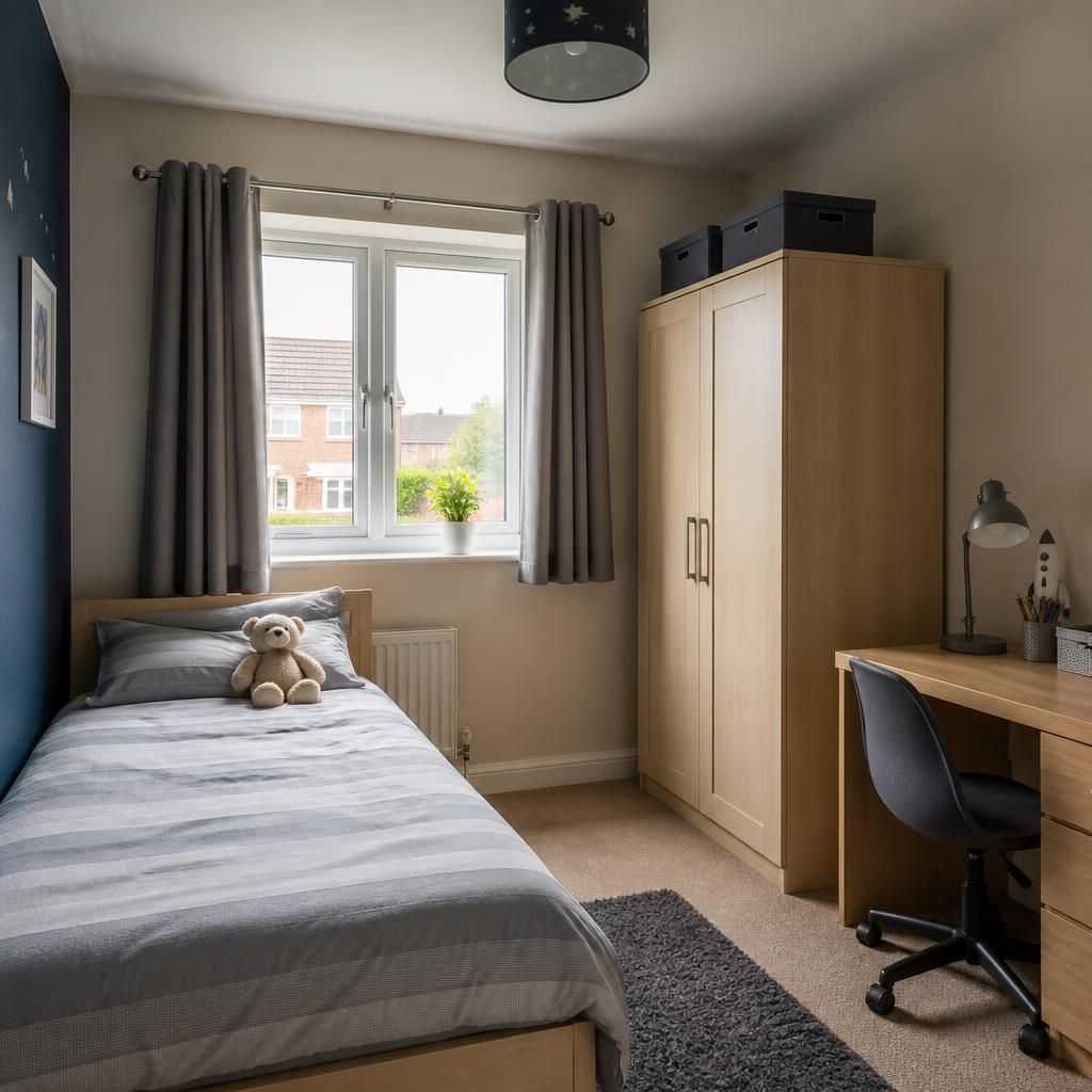 A tidy child’s bedroom with a single bed, wardrobe and desk