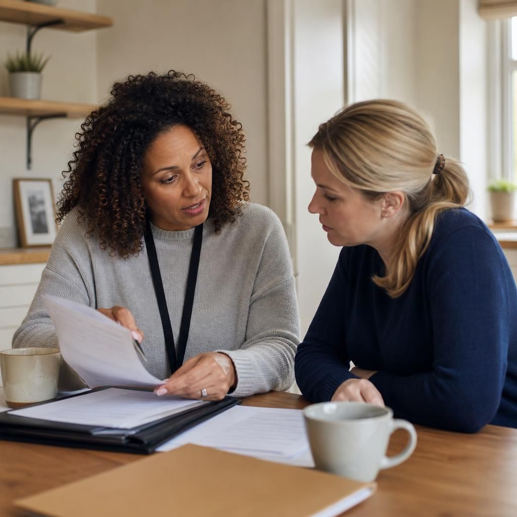 Foster carer and social worker reviewing legal documents at a table