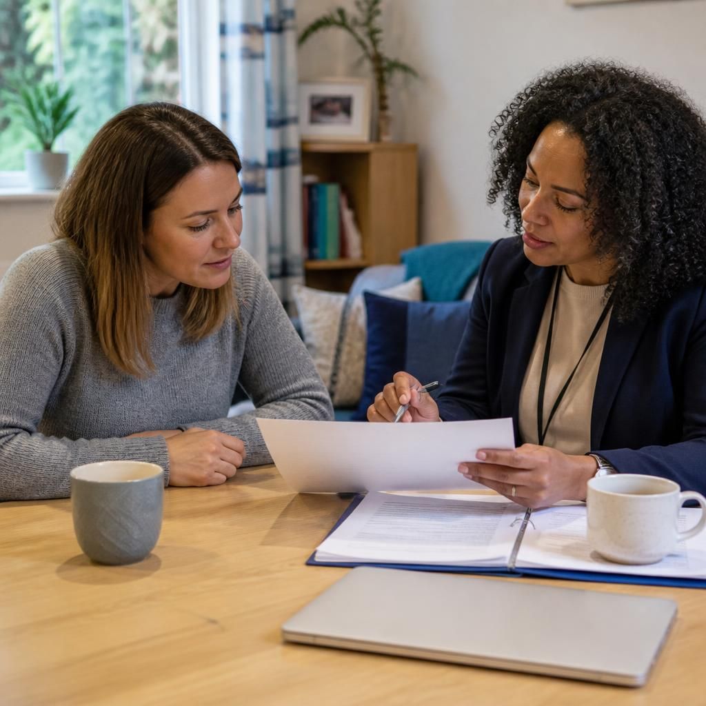 Foster carer reviewing placement documents with a social worker