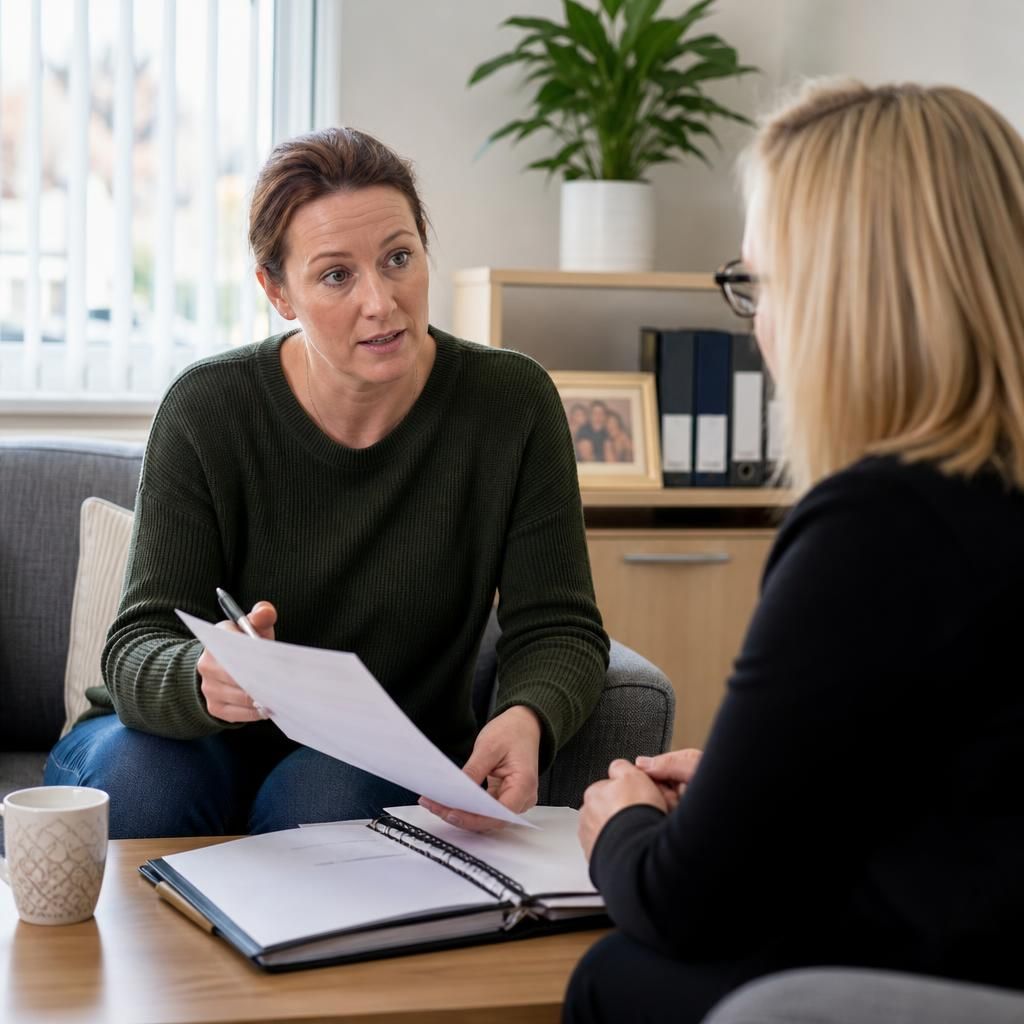 Foster carer discussing placement information with a social worker