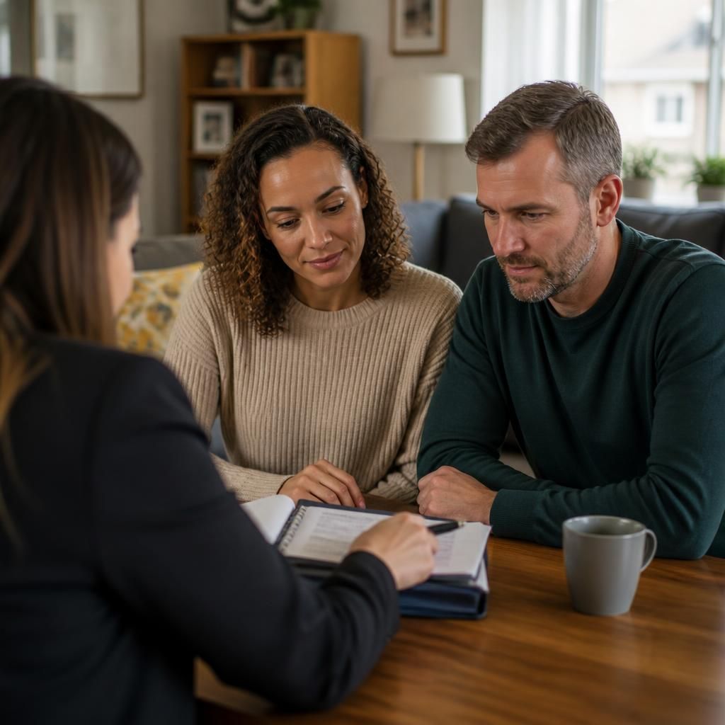 Couple discussing fostering information with an adviser at home