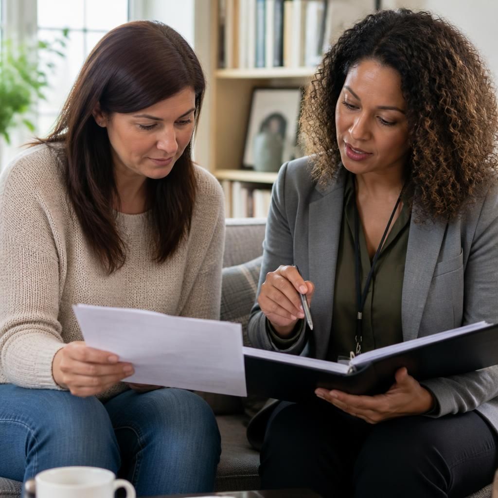 Prospective foster carer reviewing paperwork with a social worker
