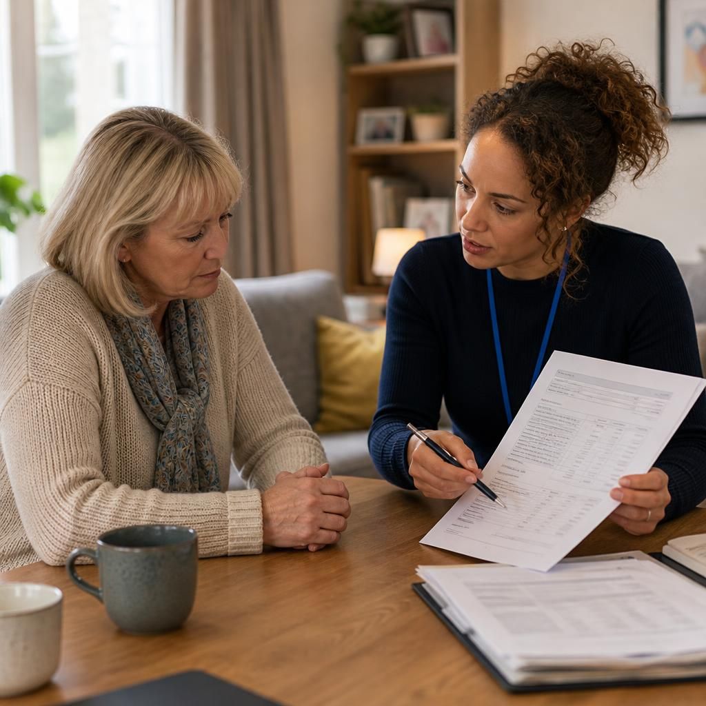 Foster carer discussing placement paperwork with a social worker