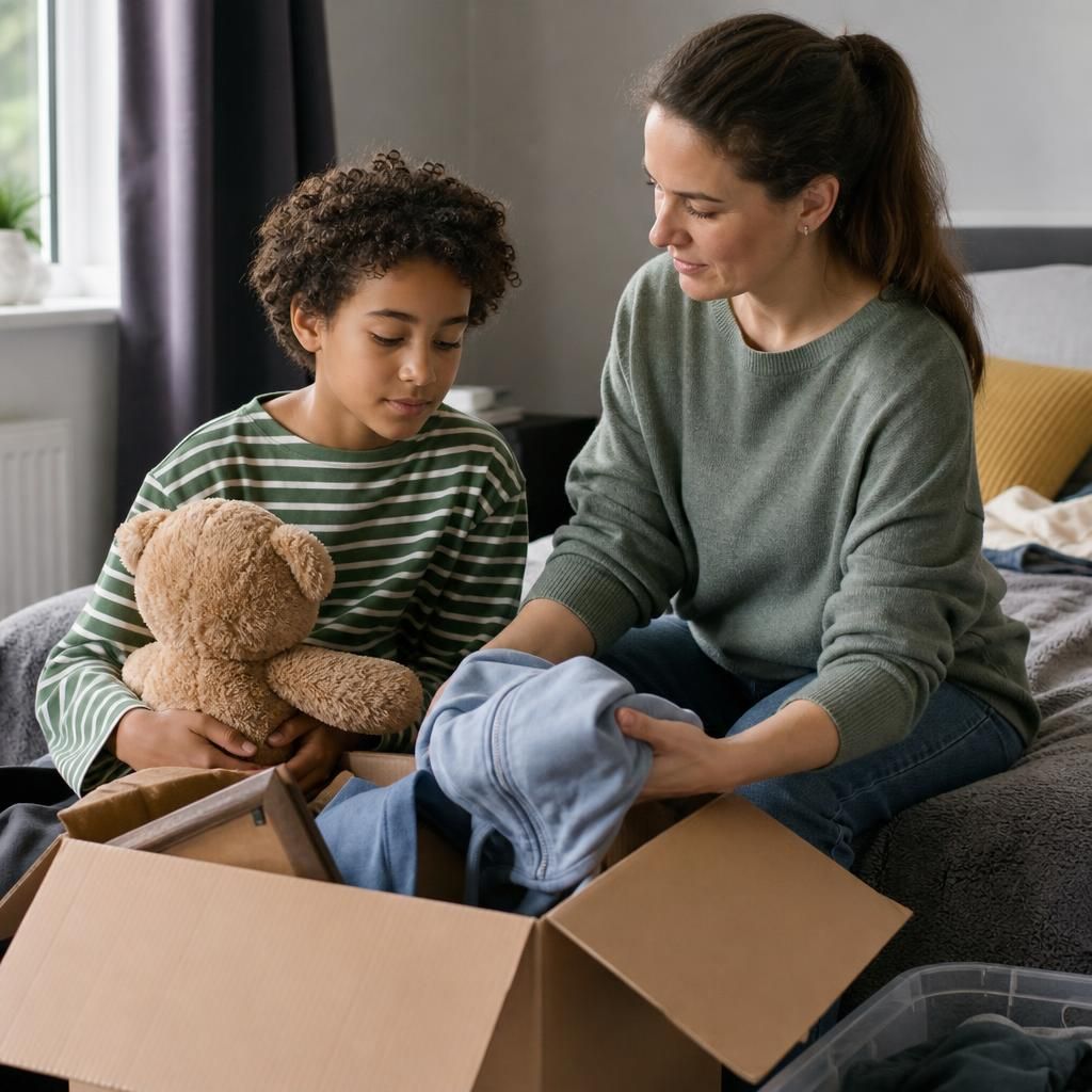 Foster carer helping a child pack familiar belongings before moving to a new home