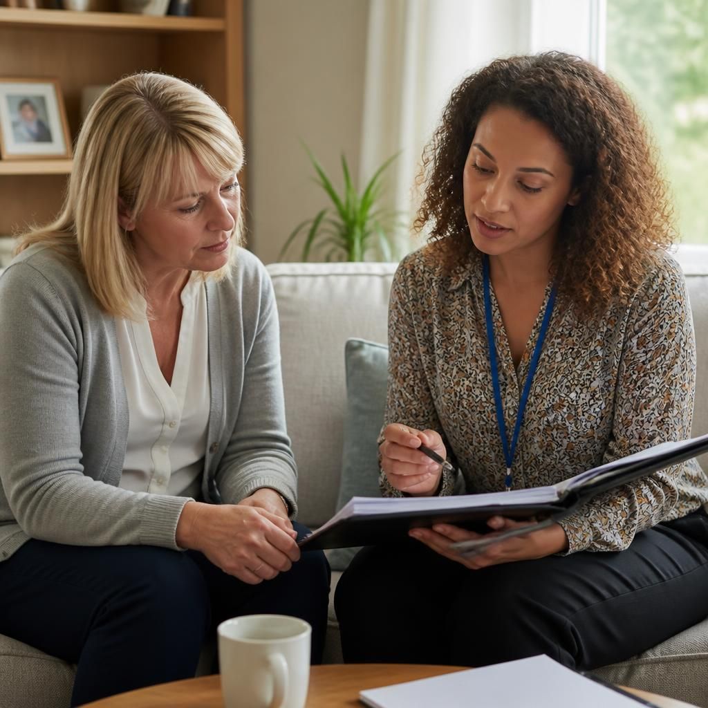 Foster carer discussing a training record with a supervising social worker