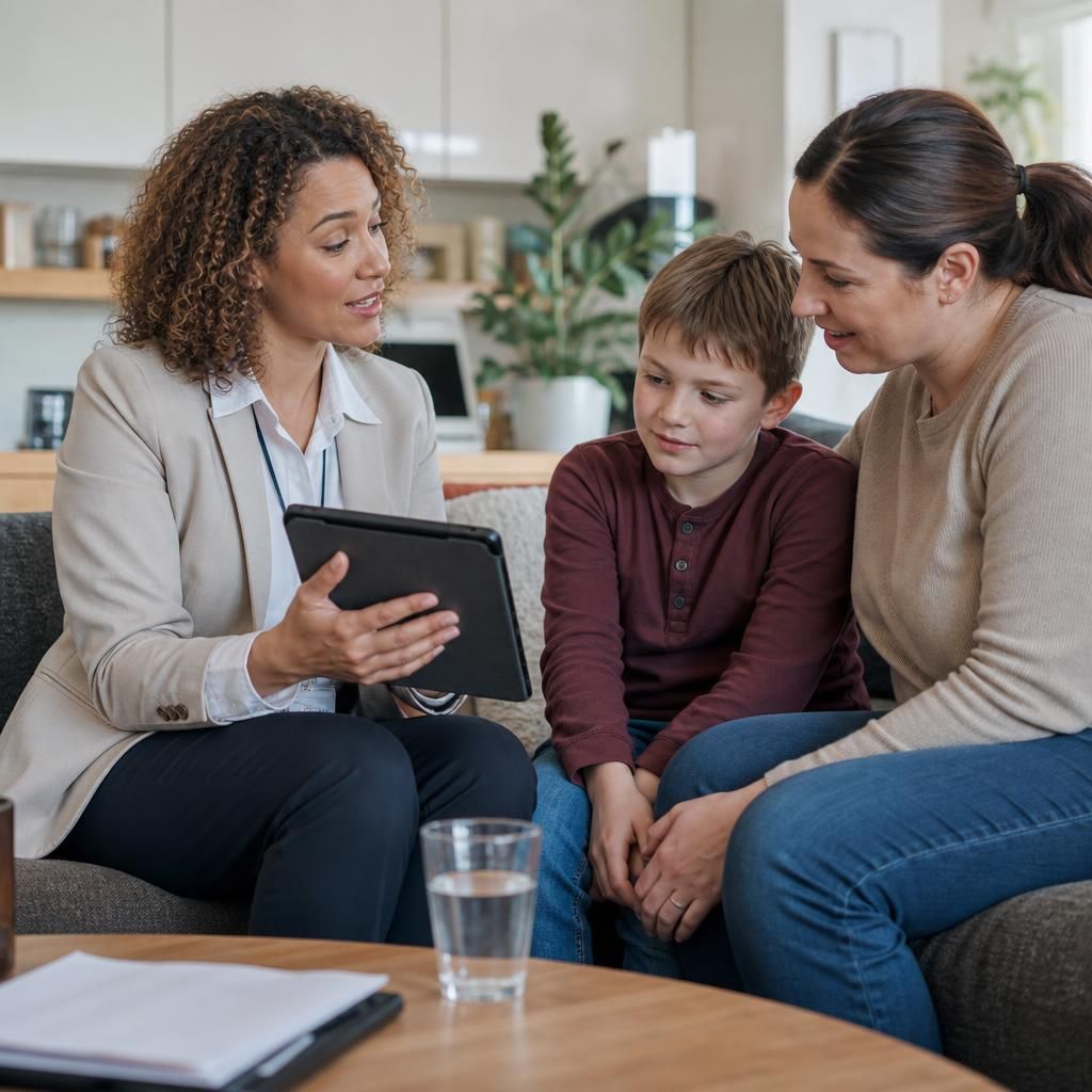 Social worker talking with a private foster carer and child at home
