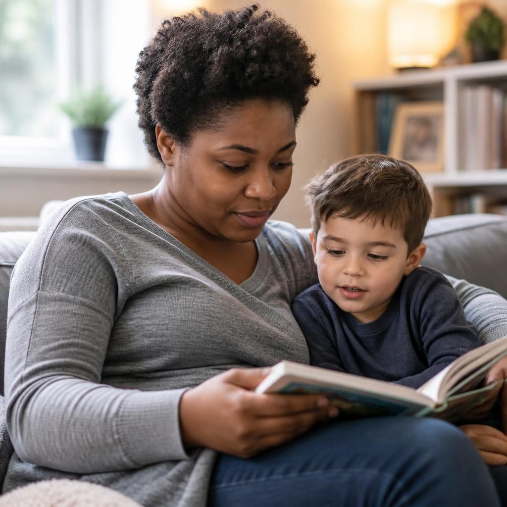 Single foster carer reading with a child at home
