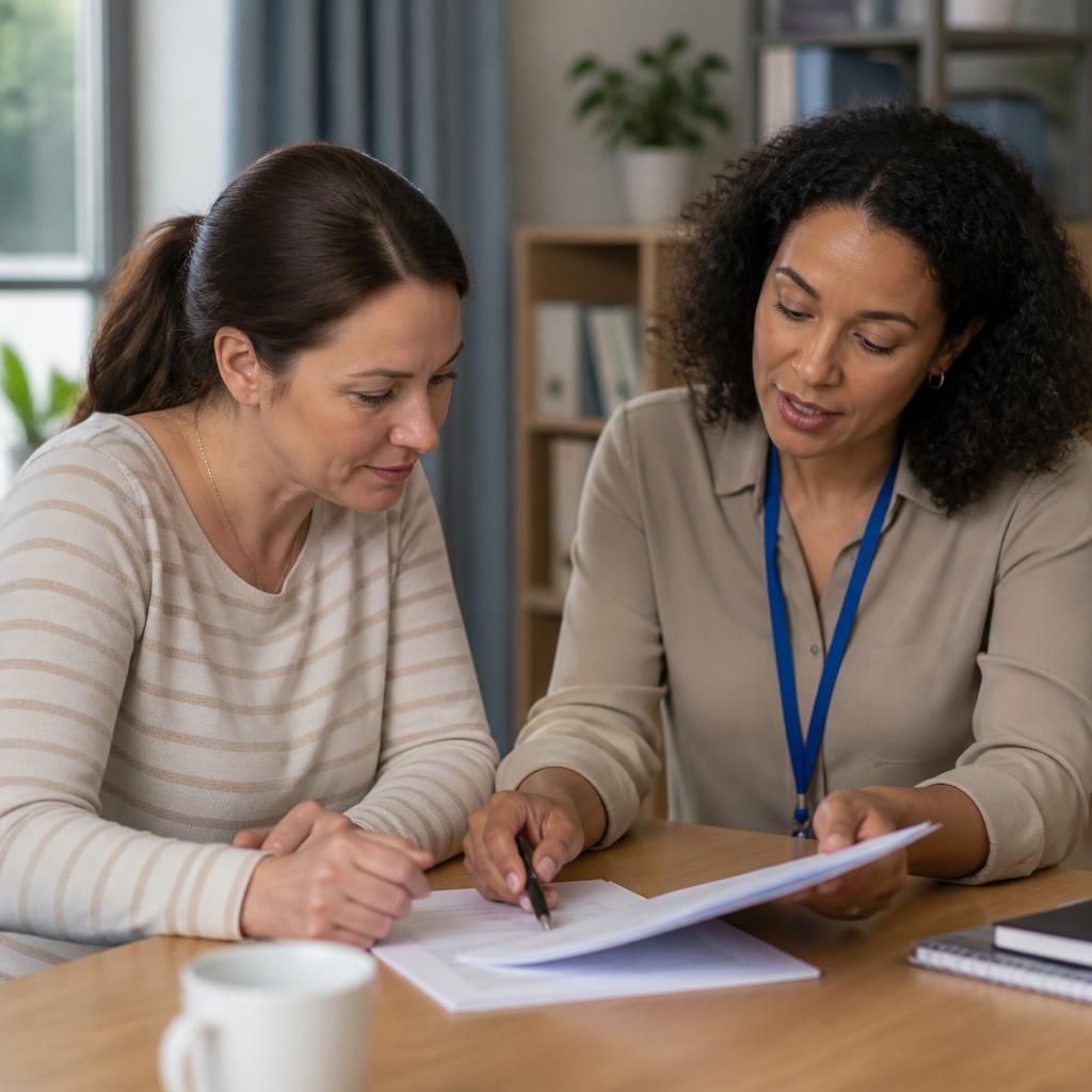 Applicant reviewing foster care assessment documents with a social worker