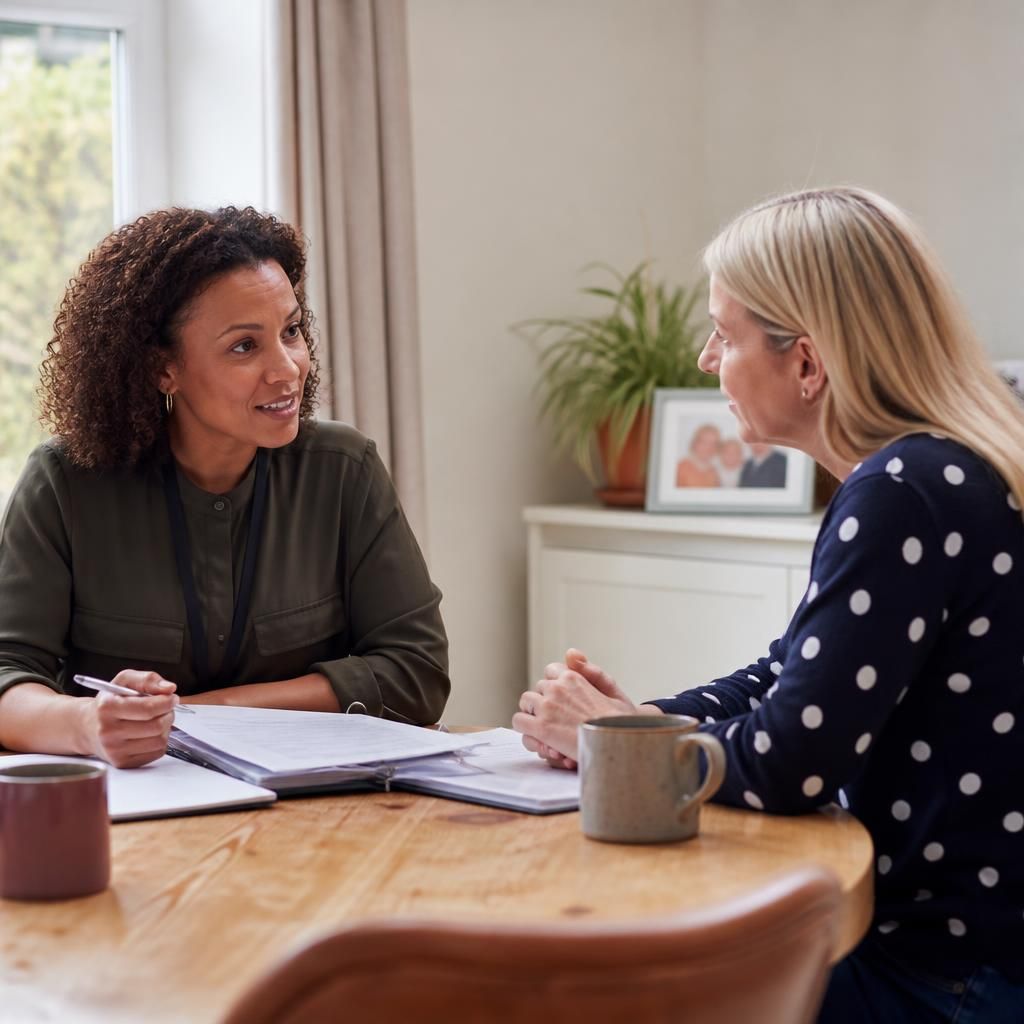 Foster carer and social worker discussing a child's placement review around a table