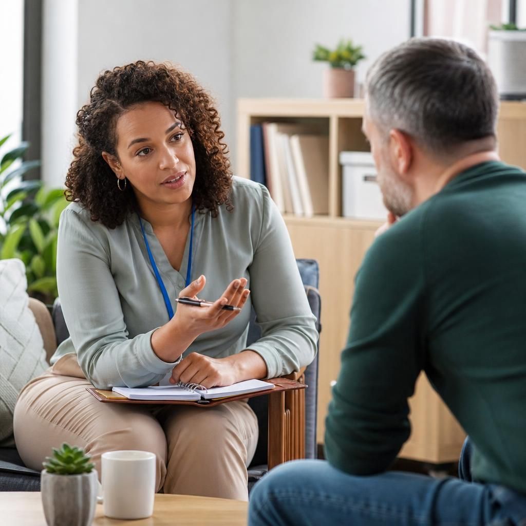 Foster parent discussing therapy costs and support options with a professional