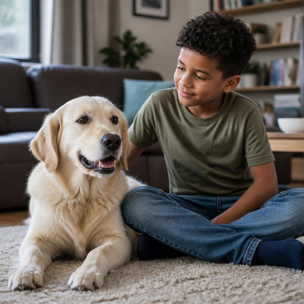 A dog sitting beside a child in a family home