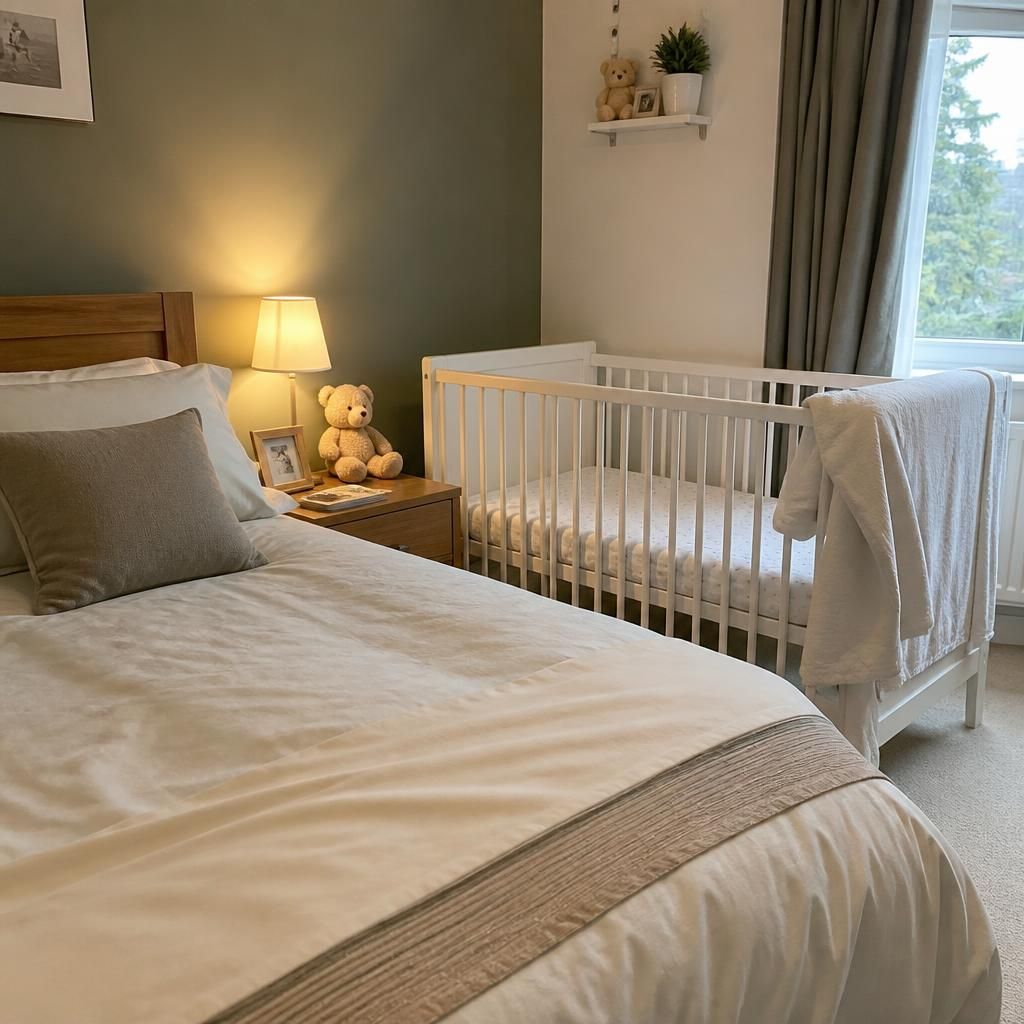 Baby’s cot set up safely beside an adult bed in a foster carer’s bedroom
