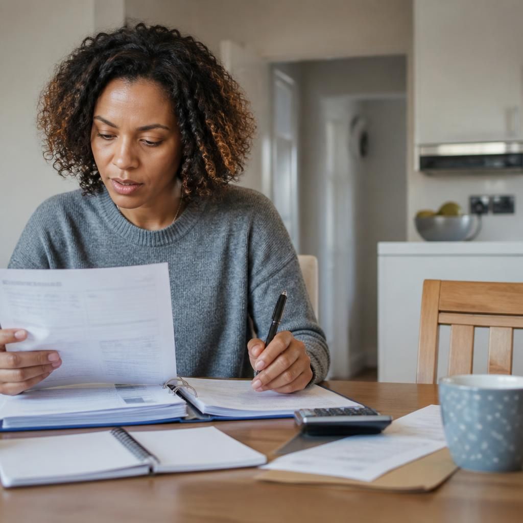 Foster carer reviewing a household budget and fostering payment paperwork
