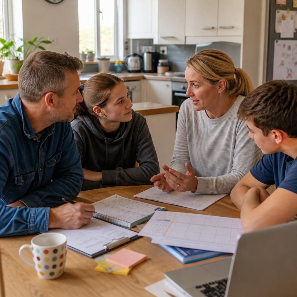 Family members discussing fostering and sharing household responsibilities