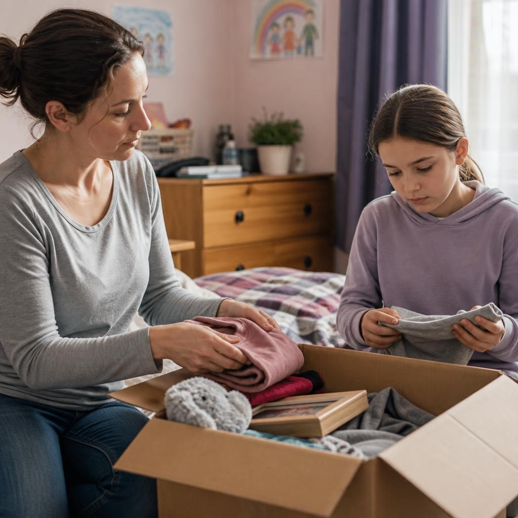 Foster carer and child packing personal belongings for a planned move