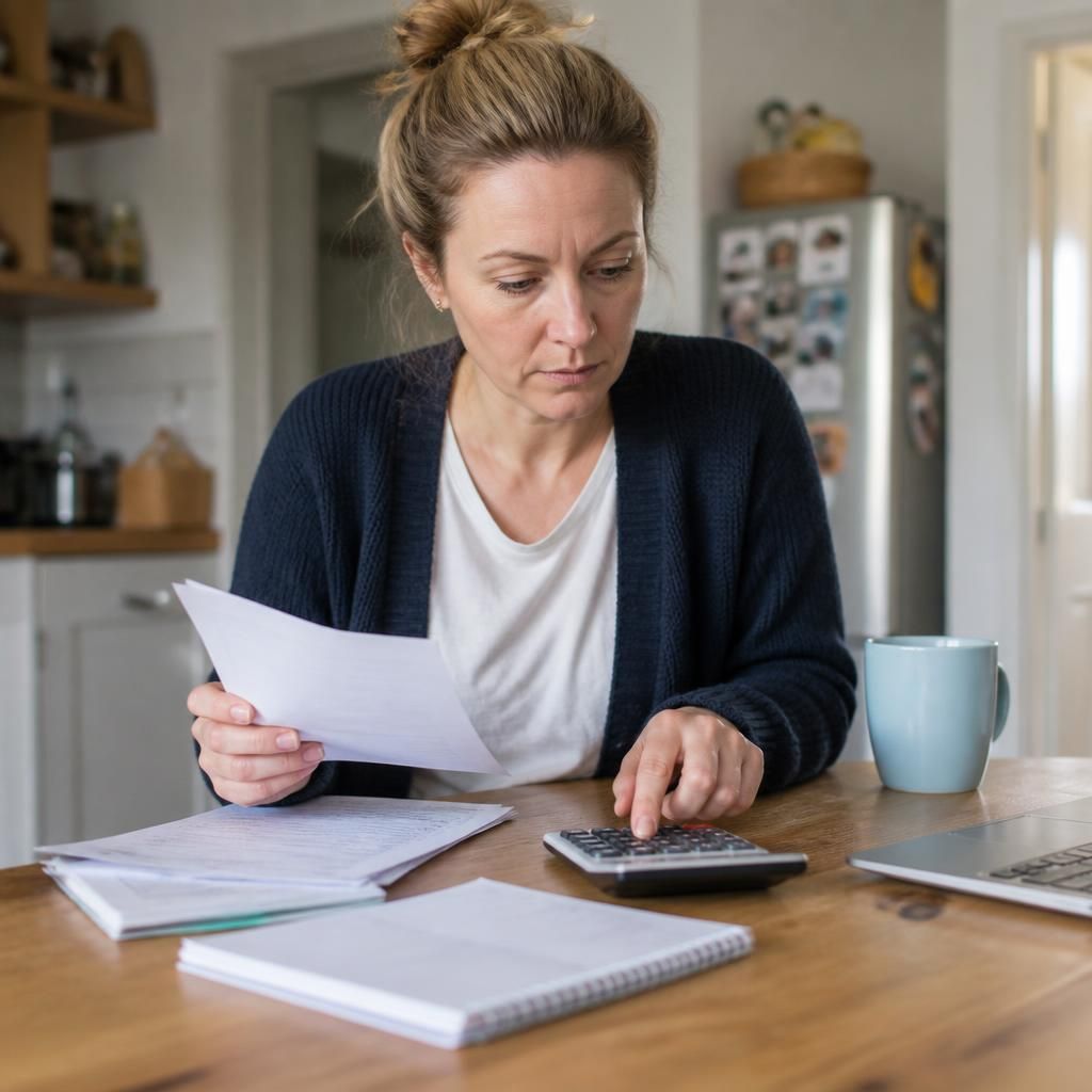 Person reviewing household financial documents at a table