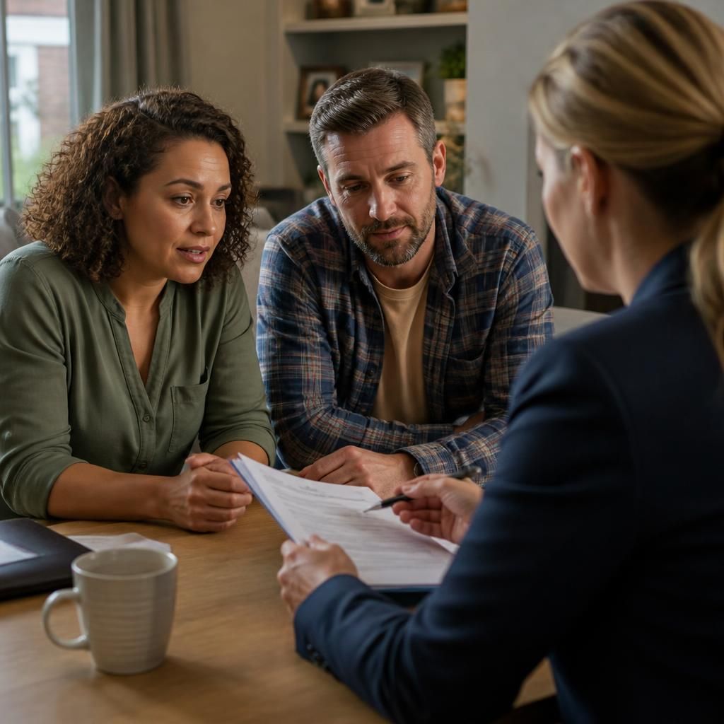 Fostering applicant discussing application paperwork with a social worker at home