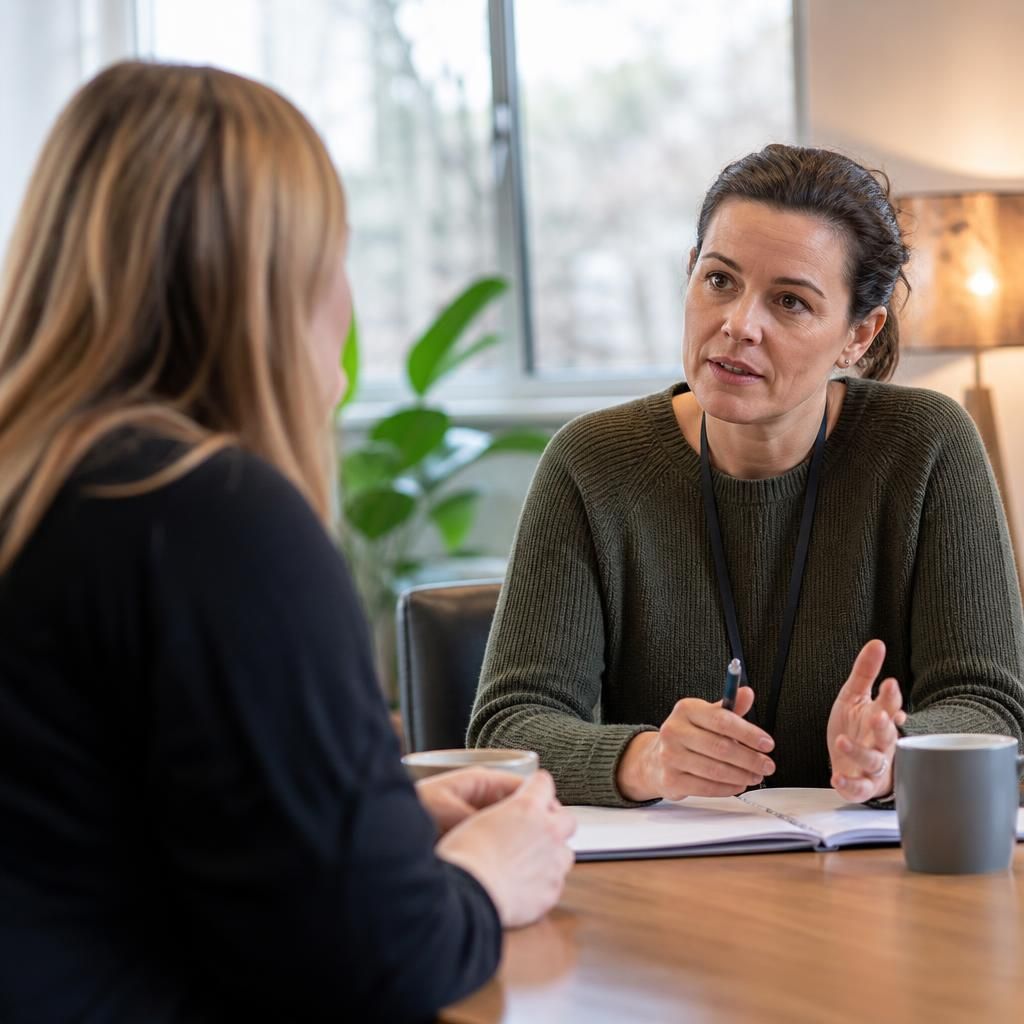 Foster carer speaking with a supervising social worker at a table