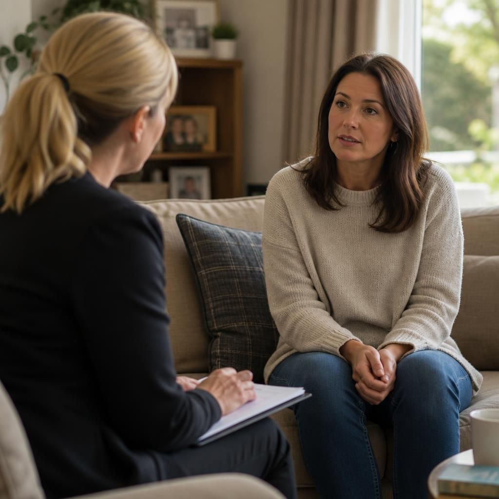 Foster carer speaking with an assessing social worker during a home visit