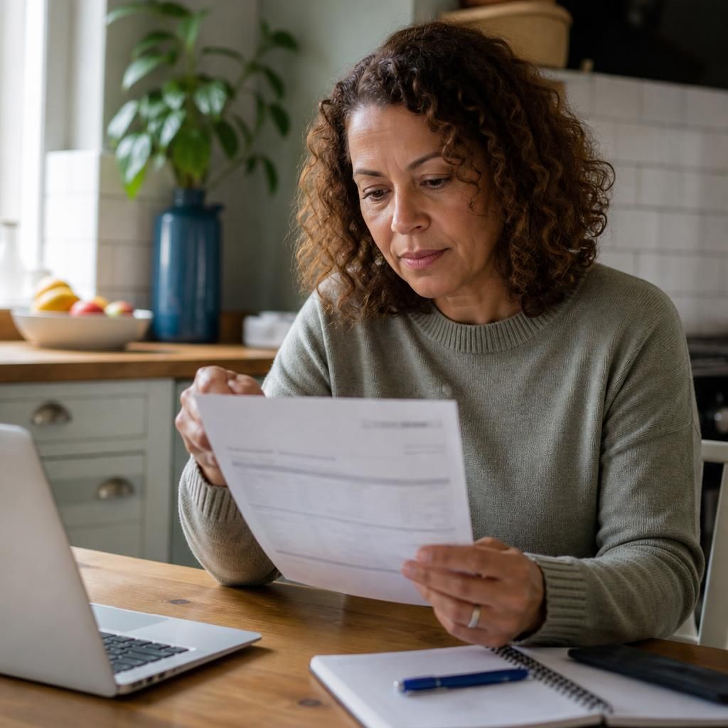 Foster carer reviewing an allowance payment statement at a kitchen table