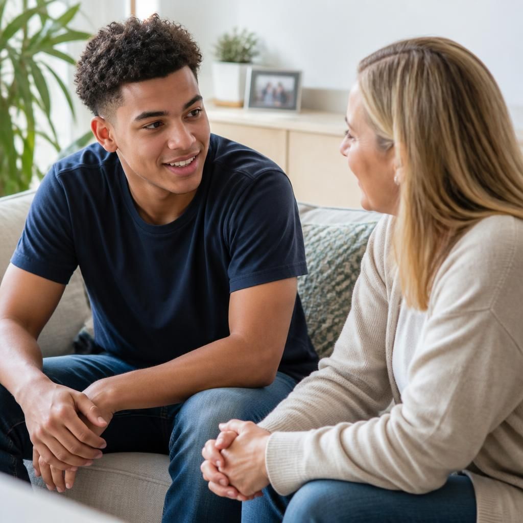 Young adult speaking with a foster carer at home