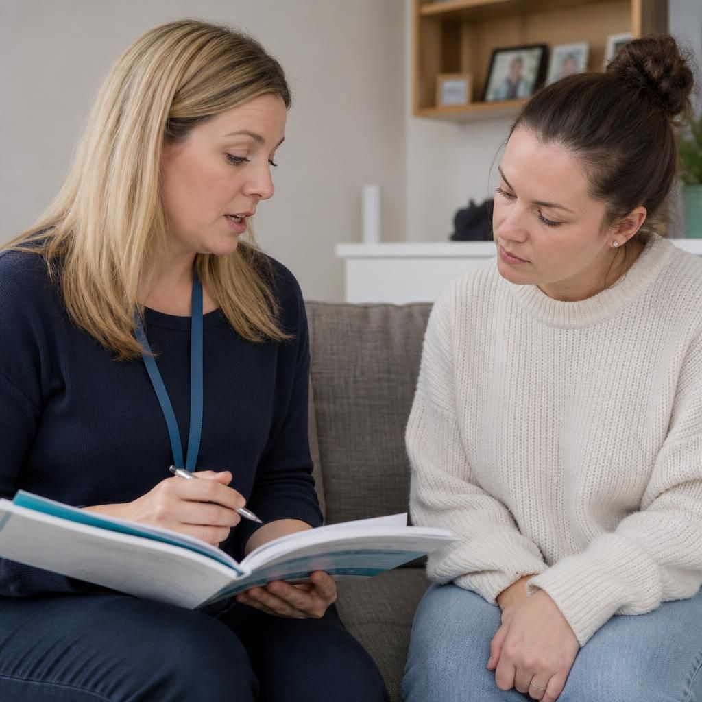 Support worker discussing training materials with a foster carer