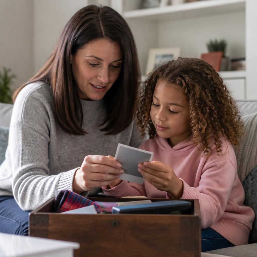 Parent and child looking through a personal memory box