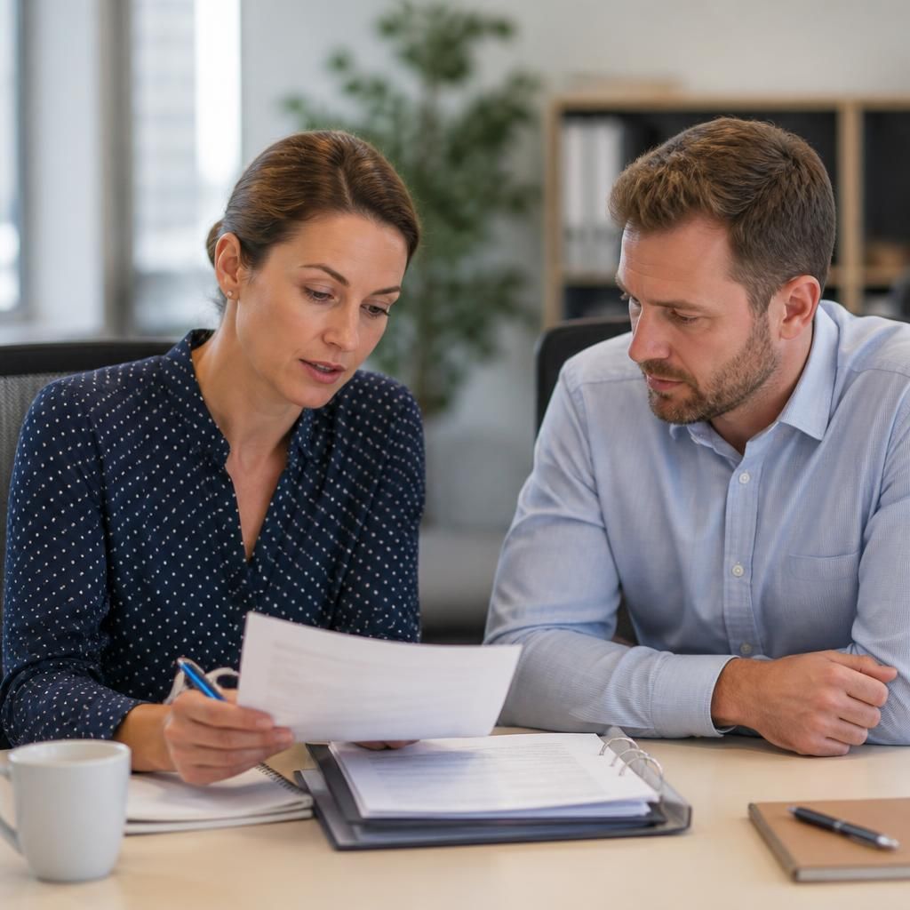 Employee reviewing a work contract and fostering documents with a colleague