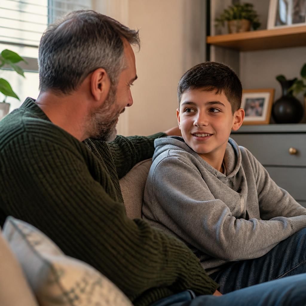 Foster carer sitting with a child in a family living room