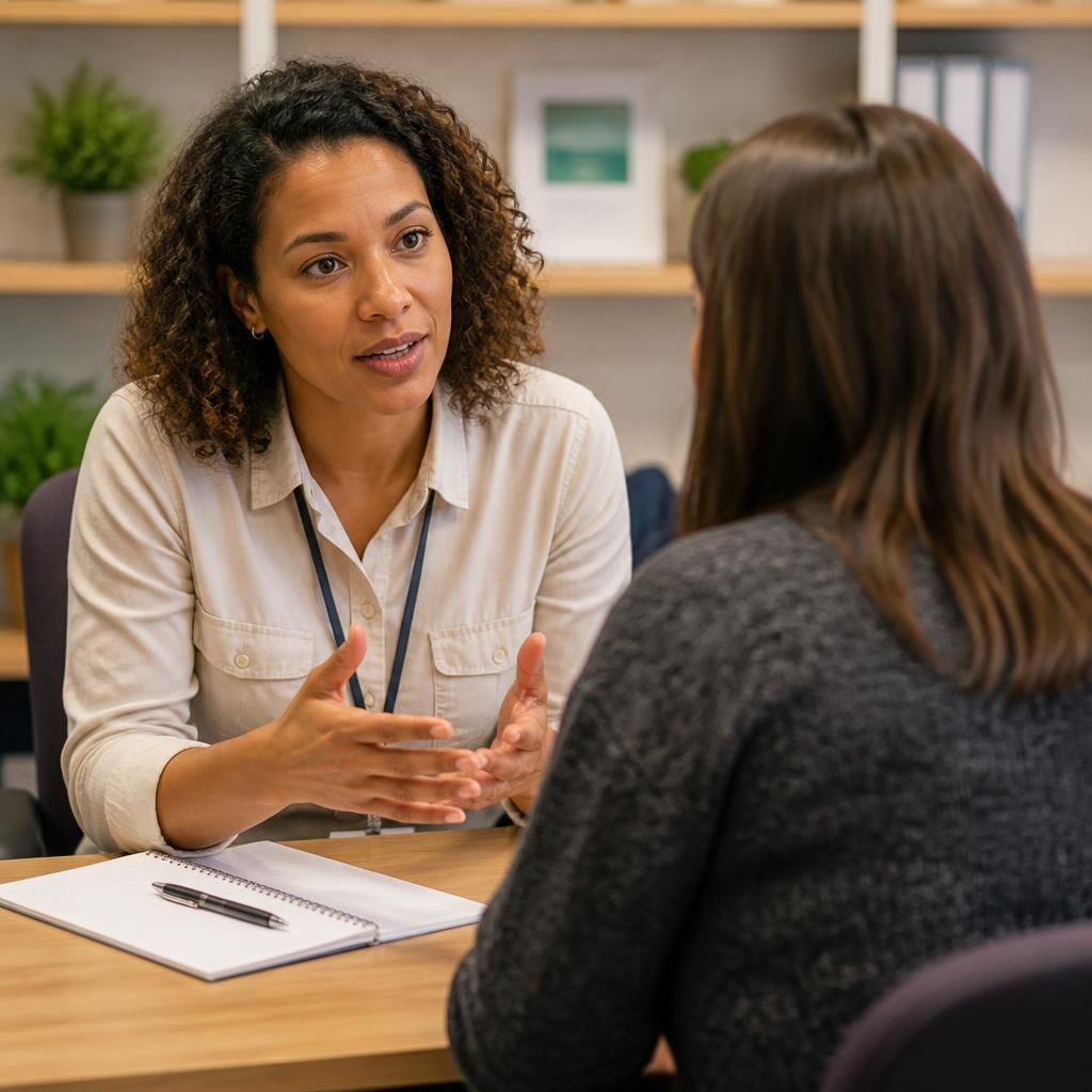 Fostering adviser talking with a prospective foster carer at a table