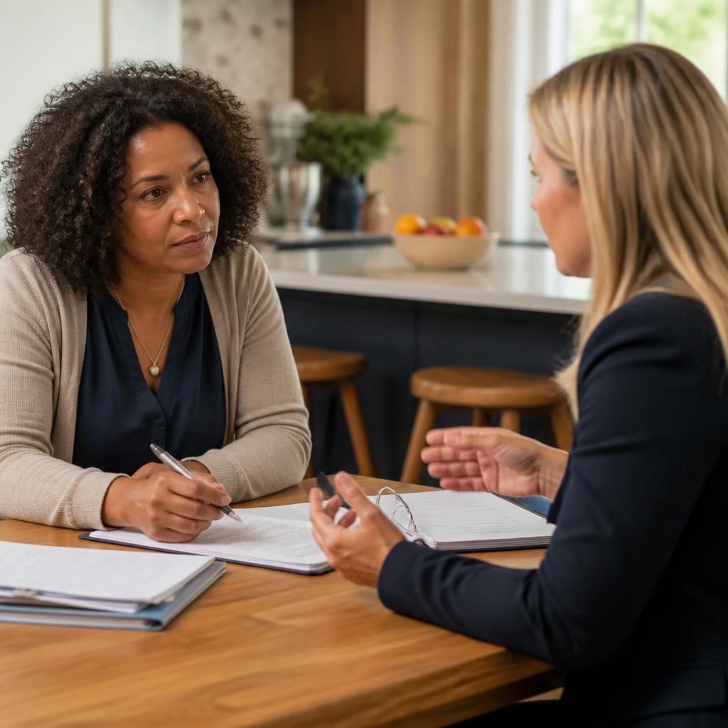 Foster carer discussing a proposed placement with a social worker at a table