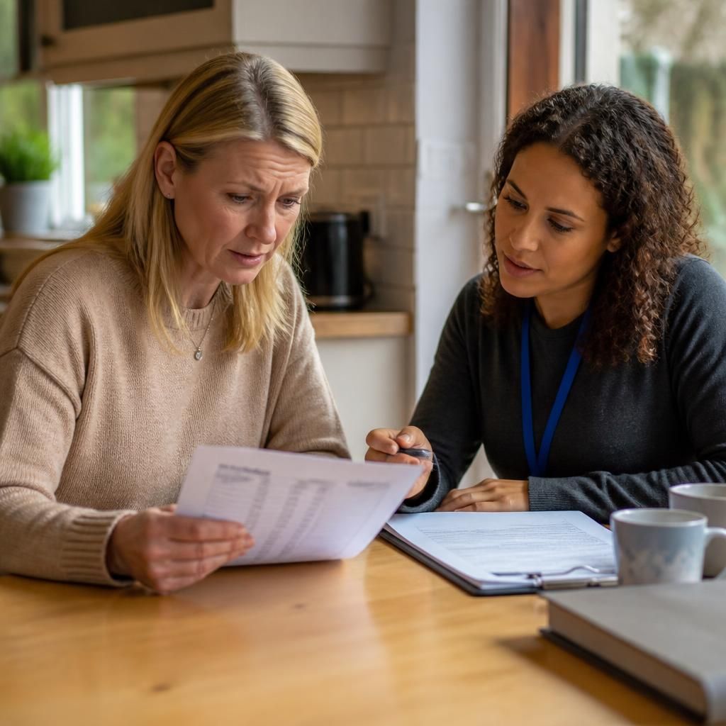 Foster carer reviewing an emergency placement payment statement with a social worker