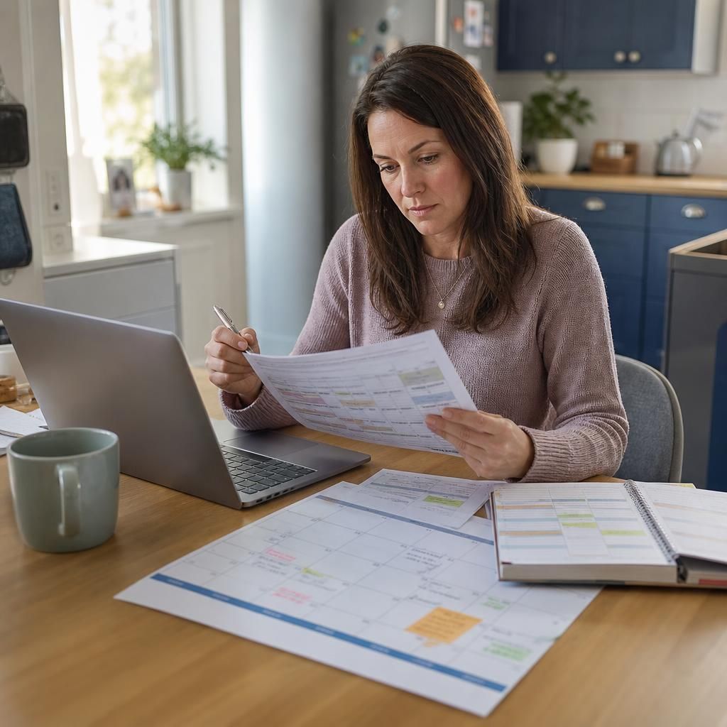 Foster carer reviewing a work rota and household calendar at a kitchen table