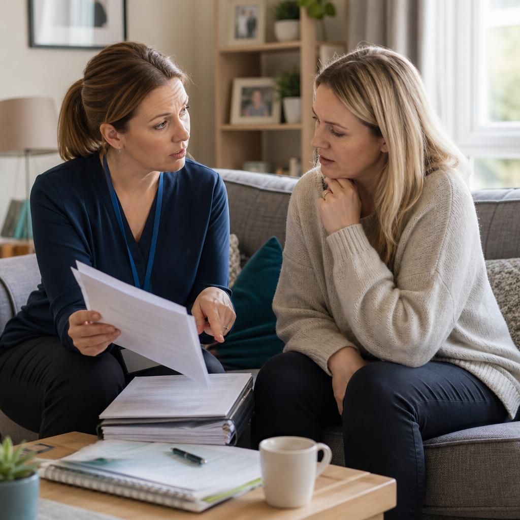Foster carer discussing safeguarding documents with an assessor at home