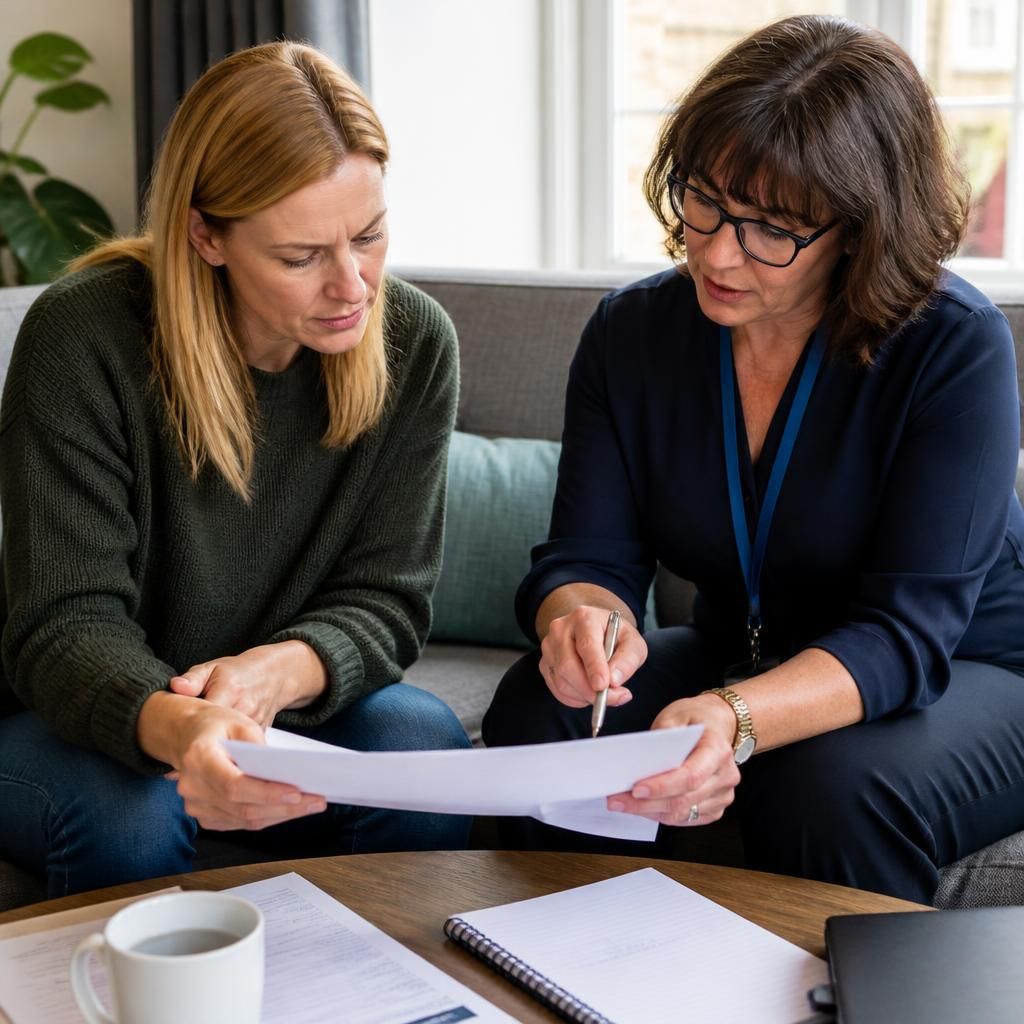 Foster carer reviewing placement paperwork with a social worker