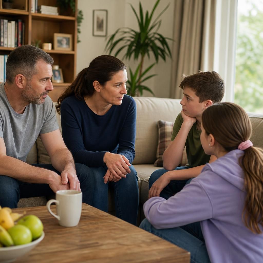 Parents talking with their children at home