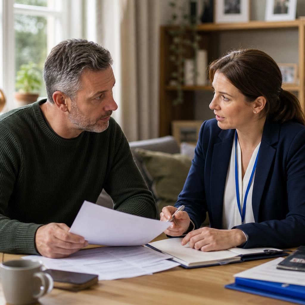 Foster carer reviewing transfer documents with a social worker at a meeting