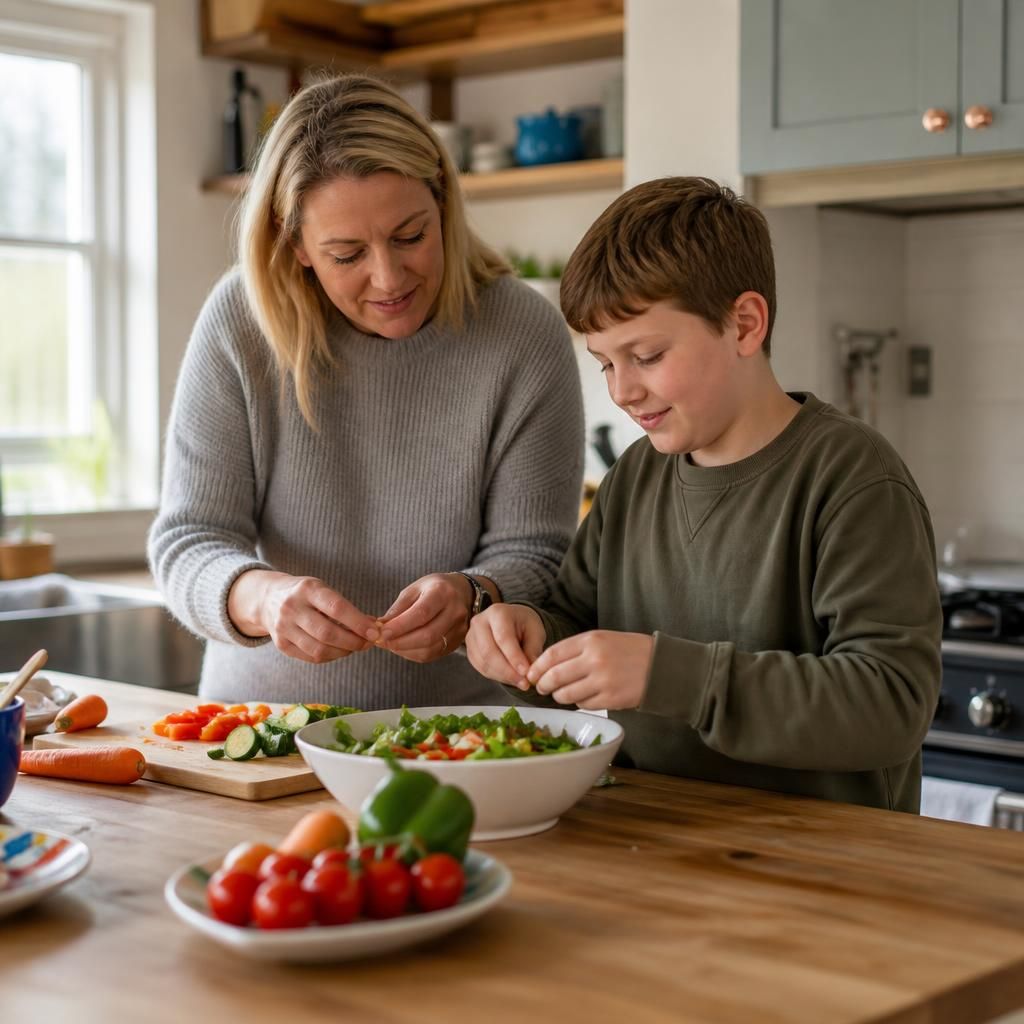 Foster carer and child preparing a meal together in a shared kitchen