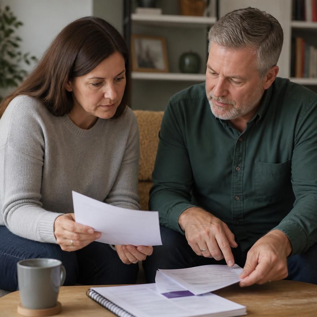Foster carer reviewing assessment paperwork with a social worker at home